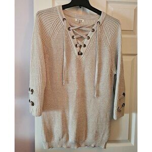 Miracle Lace-Up Knit Sweater W/Eyelet Details & 3/4 Sleeves Beige M Cozy Comfort